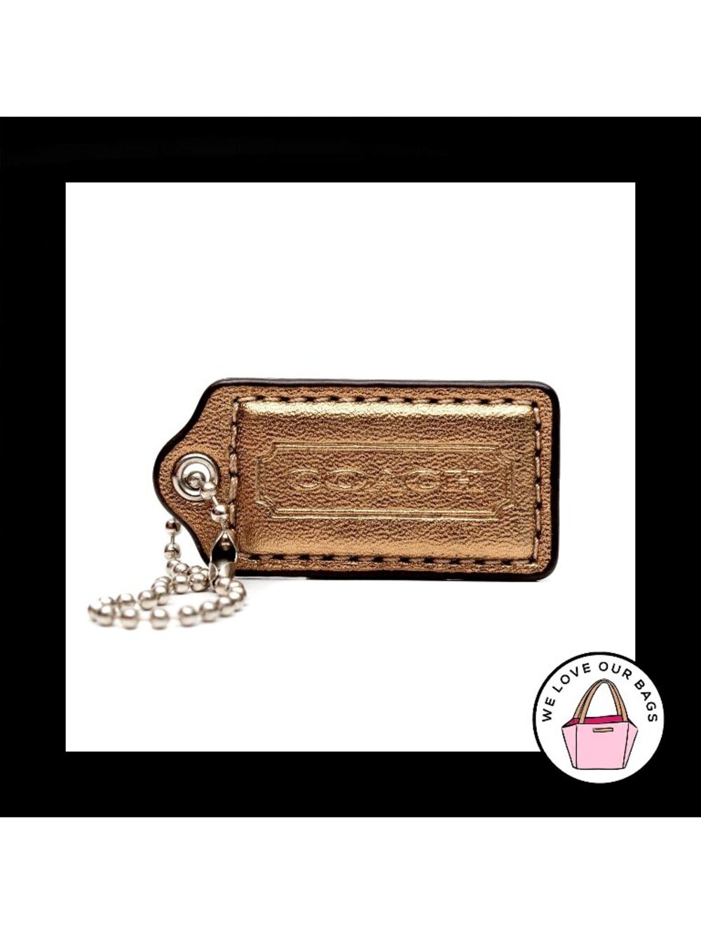 2" Medium COACH Gold METALLIC LEATHER Nickel Key Fob Bag Charm Keychain Hang Tag